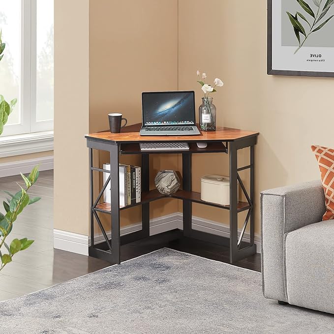 VECELO Corner Computer Desk Writing Smooth Keyboard Tray & Storage Shelves,Compact Home Office Triangle Table, Teak - LeafyLoom