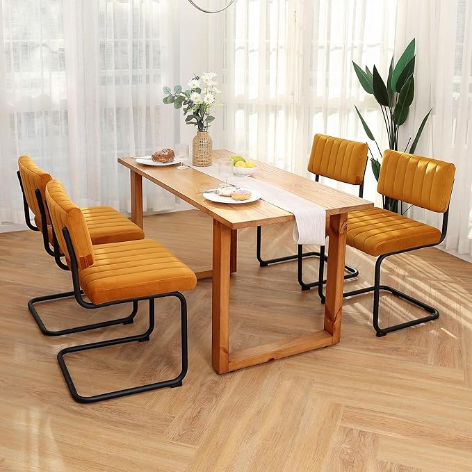 ONEVOG Velvet Dining Chairs Set of 4, Upholstered Kitchen Dining Room Chairs with Striped Open Back, Comfy Orange Chair Armless, Dinner Chair for Party, Black Chrome Metal Legs - LeafyLoom