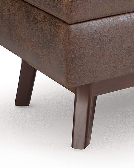 SIMPLIHOME Owen 36 Inch Wide Mid Century Modern Rectangle Small Rectangular Storage Ottoman in Distressed Chestnut Brown Faux Leather, For the Living Room, Entryway and Family Room - LeafyLoom