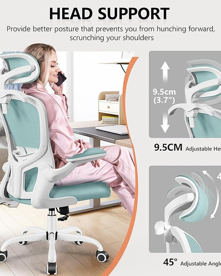 FelixKing Office Chair with Headrest, Ergonomic Desk Chair with Wheels,Hanger，Adjustable Lumbar Support Swivel Comfy Task Chair with Flip-up Armrests, Ergo Mesh Backrest (Light Blue) - LeafyLoom