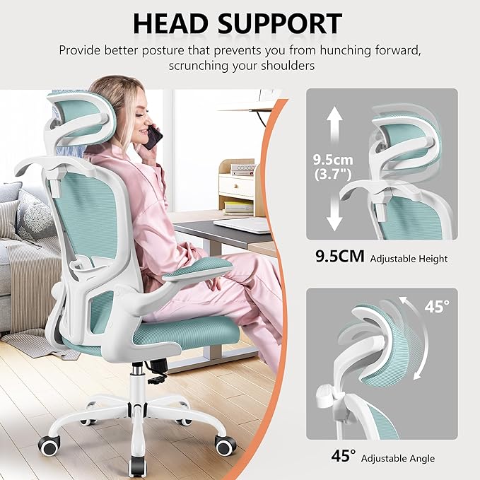 FelixKing Office Chair with Headrest, Ergonomic Desk Chair with Wheels,Hanger，Adjustable Lumbar Support Swivel Comfy Task Chair with Flip-up Armrests, Ergo Mesh Backrest (Light Blue) - LeafyLoom