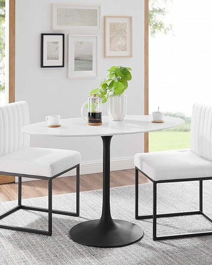 Modway Lippa 48" Oval-Shaped Mid-Century Modern Dining Table with White Wood Top and Black Base - LeafyLoom