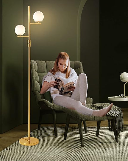 Dimming Floor Lamp with 2 Sphere Frosted Glass Globes,Mid-Century Gold Standing Lamp for Living Room, Bedroom, Office(Gold) - LeafyLoom