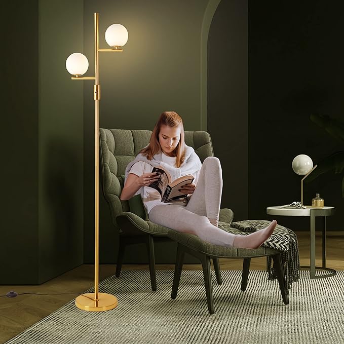 Dimming Floor Lamp with 2 Sphere Frosted Glass Globes,Mid-Century Gold Standing Lamp for Living Room, Bedroom, Office(Gold) - LeafyLoom