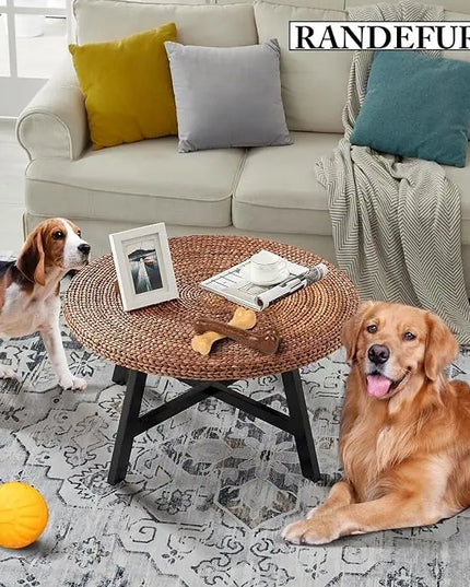 Round Coffee Table, Seagrass Coffee Solid Pine Wood X Base Frame Cocktail Table, Easy Assembled, Multiple Sizes for Living Room, 32 x 17 Inches,Gold - LeafyLoom