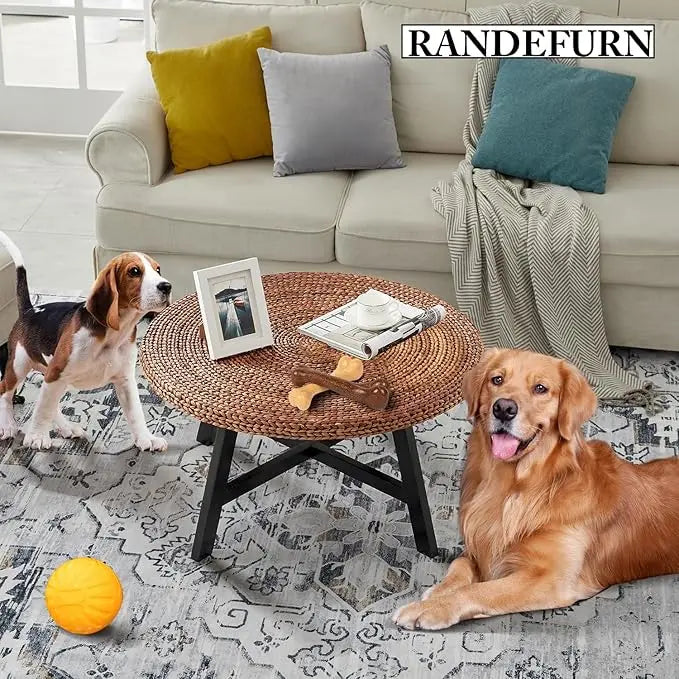 Round Coffee Table, Seagrass Coffee Solid Pine Wood X Base Frame Cocktail Table, Easy Assembled, Multiple Sizes for Living Room, 32 x 17 Inches,Gold - LeafyLoom