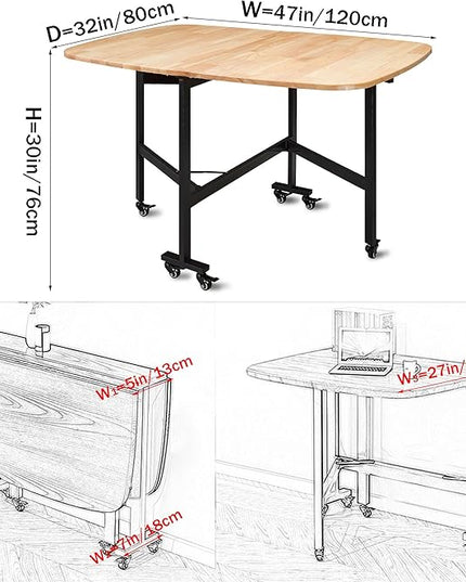 Multifunction Table Drop Leaf Dining Table - 47" Solid Wooden Foldable Kitchen Table with 6 Wheels (Natural) - LeafyLoom