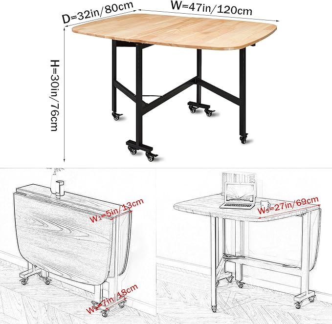 Multifunction Table Drop Leaf Dining Table - 47" Solid Wooden Foldable Kitchen Table with 6 Wheels (Natural) - LeafyLoom