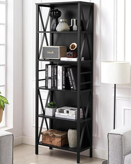 HOMISSUE Bookshelf, 6-Tier Bookshelf, Rustic Wood Metal Bookshelves and Bookcases, Freestanding Open Bookshelf, Industrial Tall Bookcase for Home Office, Living Room and Bedroom, Black - LeafyLoom