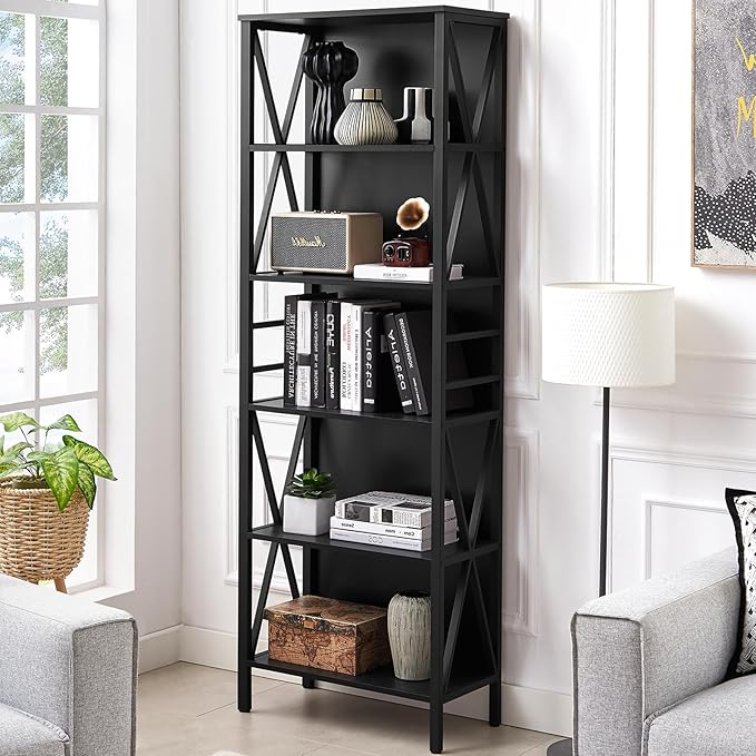 HOMISSUE Bookshelf, 6-Tier Bookshelf, Rustic Wood Metal Bookshelves and Bookcases, Freestanding Open Bookshelf, Industrial Tall Bookcase for Home Office, Living Room and Bedroom, Black - LeafyLoom