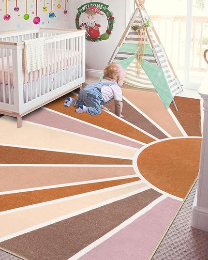 Topotdor Sun Rainbow Area Rug 4 x 6ft Boho Kids Nursery Rug, Colorful Washable Area Rug Ultra Soft Circle Classroom Rug Non-Slip for Bedroom Living Room Playroom Decor, Orange - LeafyLoom