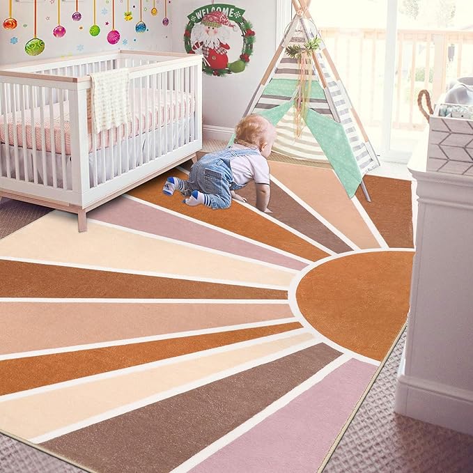 Topotdor Sun Rainbow Area Rug 4 x 6ft Boho Kids Nursery Rug, Colorful Washable Area Rug Ultra Soft Circle Classroom Rug Non-Slip for Bedroom Living Room Playroom Decor, Orange - LeafyLoom