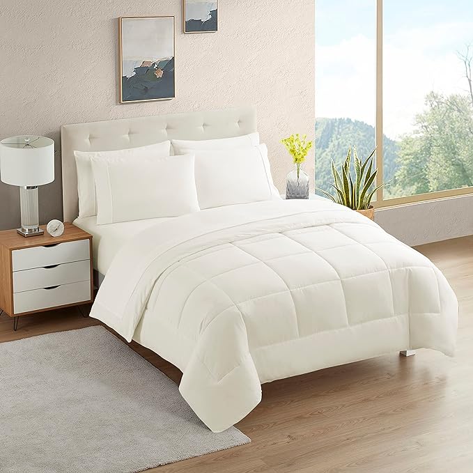 Dorm Room Essentials College Bedding Comforter Set 7 Piece Full Size Bed in a Bag for College Students Boys and Girls, Full, Ivory - LeafyLoom