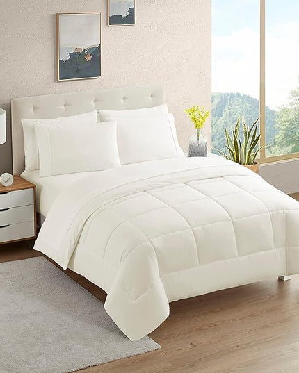 Dorm Room Essentials College Bedding Comforter Set 5 Piece Twin Size Bed in a Bag for College Students Boys and Girls, Twin, Ivory - LeafyLoom