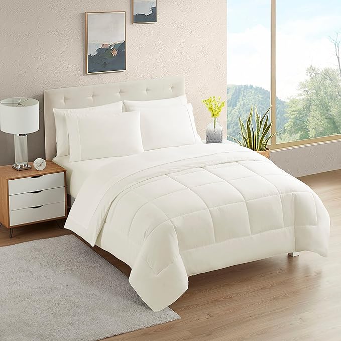 Dorm Room Essentials College Bedding Comforter Set 5 Piece Twin Size Bed in a Bag for College Students Boys and Girls, Twin, Ivory - LeafyLoom