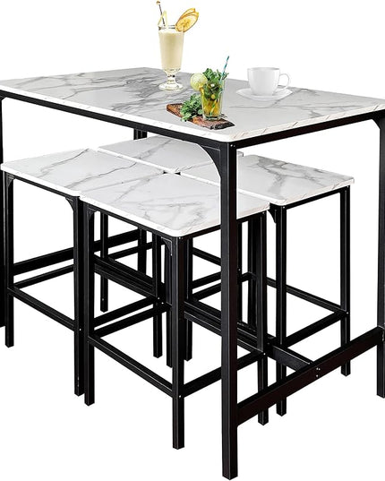 AT-VALY 5-Piece Bar Table Set with 4 Stools,Dining Room Table Set,Small Spaces (Black & White) - LeafyLoom