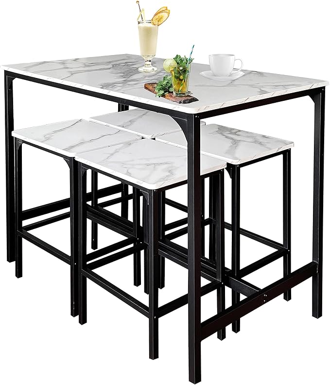 AT-VALY 5-Piece Bar Table Set with 4 Stools,Dining Room Table Set,Small Spaces (Black & White) - LeafyLoom