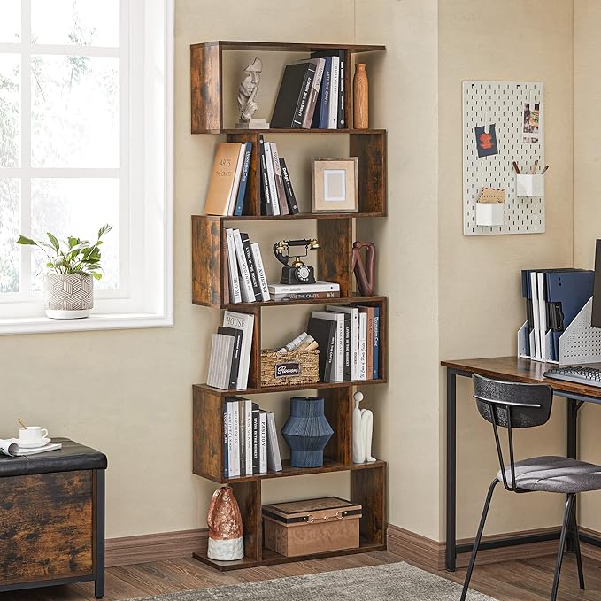 VASAGLE Bookshelf, 6-Tier Bookcase, Tall Display Shelf, Freestanding Storage Shelf, Room Divider, for Home Office, Living Room, Bedroom, Study, Rustic Brown ULBC61BX - LeafyLoom