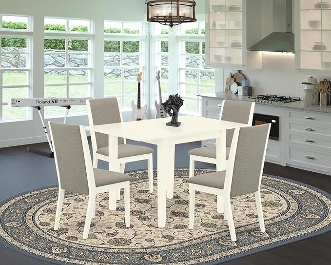 East West Furniture NDLA5-LWH-06 Norden 5 Piece Dinette Set for 4 Includes a Rectangle Room Table with Dropleaf and 4 Shitake Fabric Parsons Dining Chairs, 30x48 Inch, Linen White - LeafyLoom