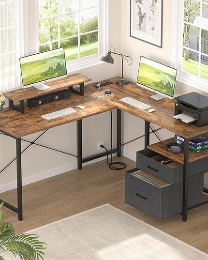 Homieasy L Shaped Computer Desk with Storage File Drawer, Reversible Home Office Desk with Recessed Power Strip and Led Strip, Corner Gaming Desk Work Study Table with Monitor Stand, Rustic Brown - LeafyLoom