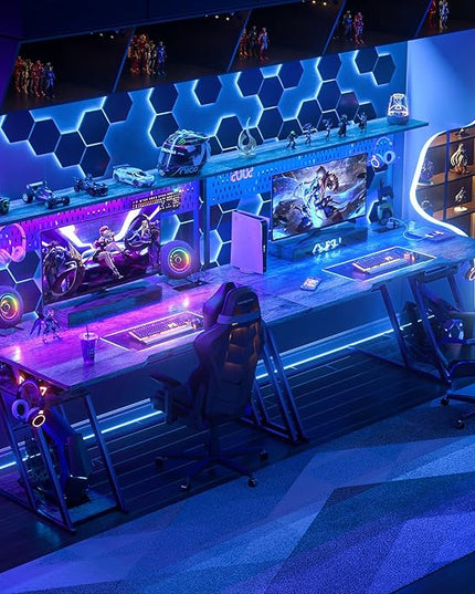 armocity 55'' Gaming Desk with Hutch and LED Lights, Gaming Computer Desk with Storage Shelves & Z-Shaped Legs, Reversible PC Gaming Desk with Pegboard, Ergonomic Desk for Bedroom, Grey Oak - LeafyLoom