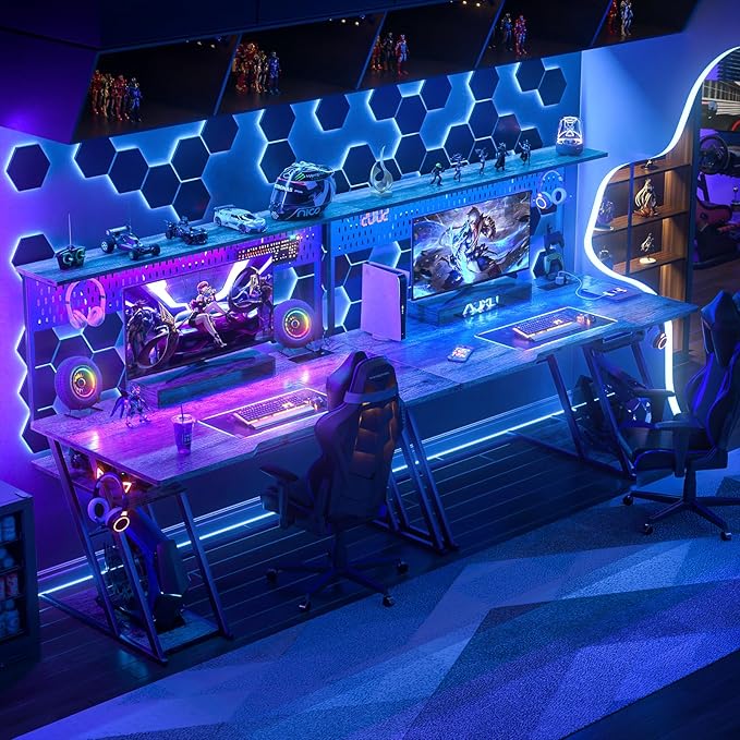 armocity 55'' Gaming Desk with Hutch and LED Lights, Gaming Computer Desk with Storage Shelves & Z-Shaped Legs, Reversible PC Gaming Desk with Pegboard, Ergonomic Desk for Bedroom, Grey Oak - LeafyLoom