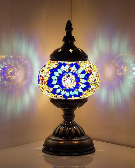 Turkish Moroccan Lamp Mosaic Stained Glass Lamp Bohemian Tiffany Style Bedside Lamps (Blue Multi-colored) - LeafyLoom
