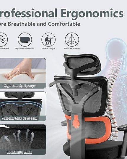 Office Chair Ergonomic Desk Chair, High Back Gaming Chair, Big and Tall Reclining chair Comfy Home Office Desk Chair Lumbar Support Breathable Mesh Computer Chair Adjustable Armrests(B-Orange) - LeafyLoom