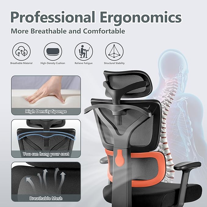 Office Chair Ergonomic Desk Chair, High Back Gaming Chair, Big and Tall Reclining chair Comfy Home Office Desk Chair Lumbar Support Breathable Mesh Computer Chair Adjustable Armrests(B-Orange) - LeafyLoom