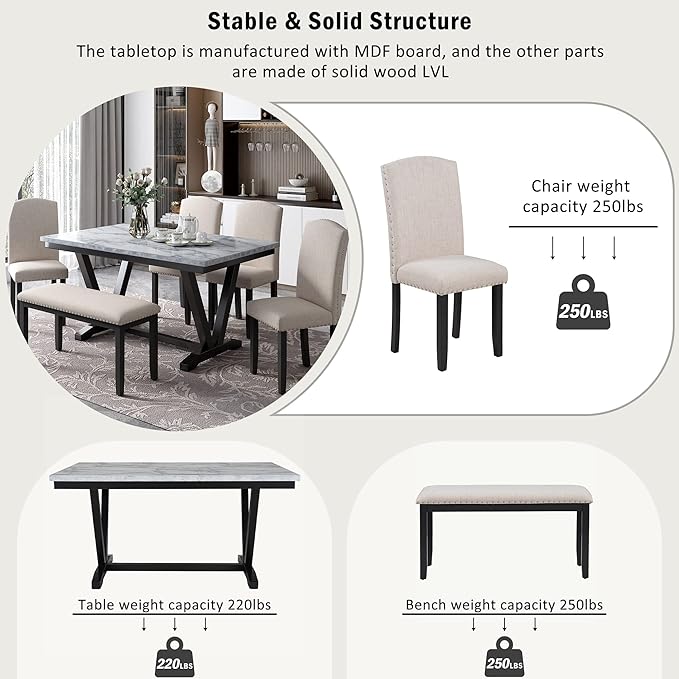 Modern Style 4 Chairs & 1 Bench, Marbled Veneers Tabletop and V-Shaped Legs, Living Room, and Kitchen, 6 Piece Dining Table Set, White 29 - LeafyLoom