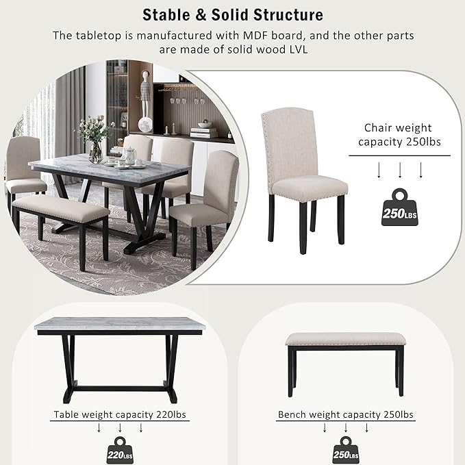 60 Inch Dining Table Set for 6, Modern 6-Piece Dining Table and Chair Set with Marbled Veneers Tabletop and V-shaped Table Legs, Dining Room Table Set for Living Room, Marble White - LeafyLoom