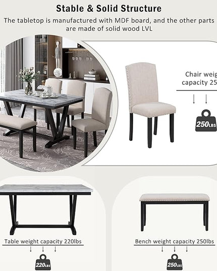 Modern Elegant Style Dining Set for 6 Table and 4 Upholstered Chairs and Bench for Family Kitchen Dinette Room, White, 60" L x 36" W x 30.3" H, Marbled Veneer Tabletop - LeafyLoom