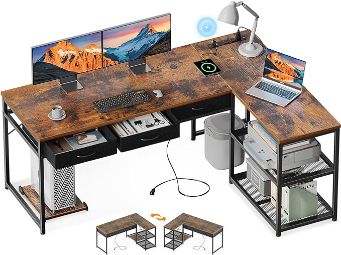 AODK 61 Inch L Shaped Computer Desk with Drawers, Corner Desk with Power Outlets & Reversible Storage Shelves, Movable CPU Stand for Home Office Gaming, Vintage - LeafyLoom