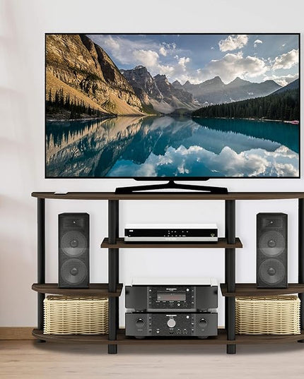 Furinno JAYA Simple Design Corner TV Stand, Columbia Walnut/Black - LeafyLoom