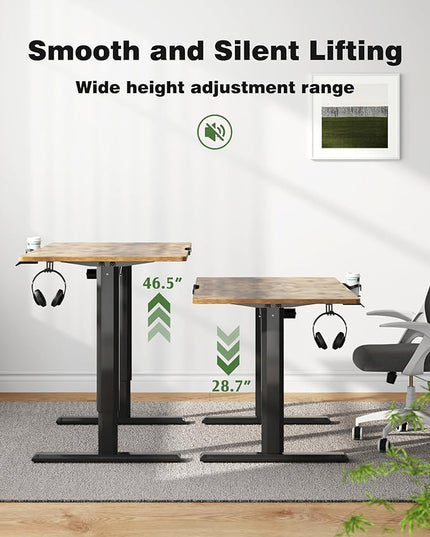 Electric Standing Desk, 43 Inch Height Adjustable Home Office Table with Headphone Hook and Cup Holder, Black Legs/Rustic Brown Top - LeafyLoom