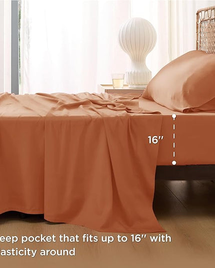 Bedsure Twin XL Sheet Set Dorm Bedding, Cooling Sheets Twin Extra Long Sheets, Rayon Derived from Bamboo, Deep Pocket Up to 16", Hotel Luxury Silky Bedding Sheets & Pillowcases, Burnt Orange - LeafyLoom