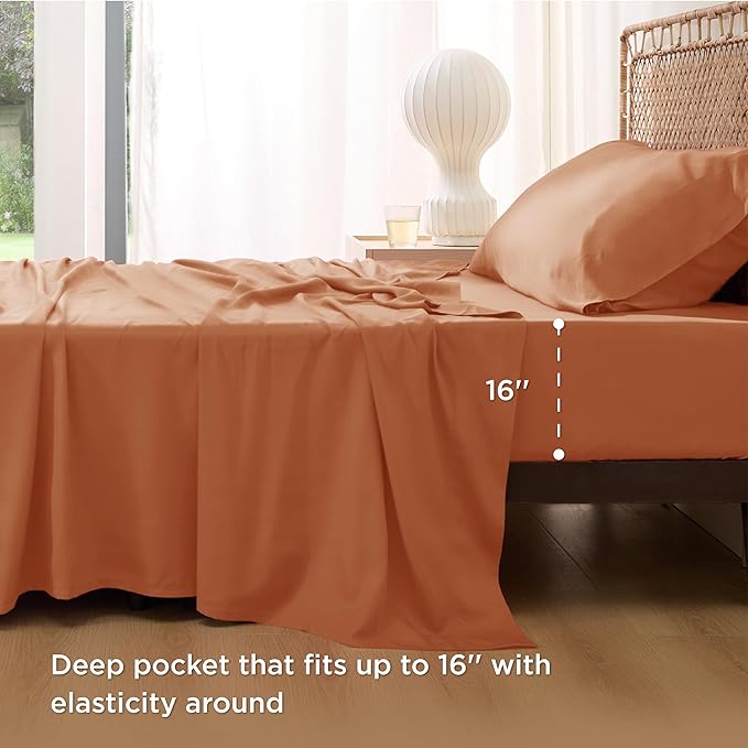 Bedsure Twin XL Sheet Set Dorm Bedding, Cooling Sheets Twin Extra Long Sheets, Rayon Derived from Bamboo, Deep Pocket Up to 16", Hotel Luxury Silky Bedding Sheets & Pillowcases, Burnt Orange - LeafyLoom