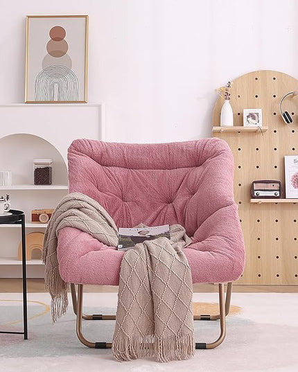 Tiita Comfy Saucer Chair, Soft Faux Fur Oversized Folding Accent Chair, Lounge Lazy Chair for Teens Adults, Metal Frame Moon Chair for Bedroom, Living Room, Dorm Rooms - LeafyLoom