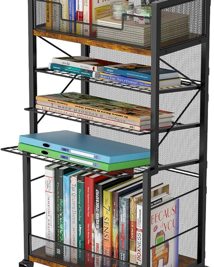 Heyexiha 5 Tier Book Shelf with Sliding Trays, Metal & Wooden Bookcase, Durable Rolling Book Cart, Book Shelf with Wheels, Small Book Shelf Storage Bookcase for Living Room, Bedroom, and Home Office - LeafyLoom