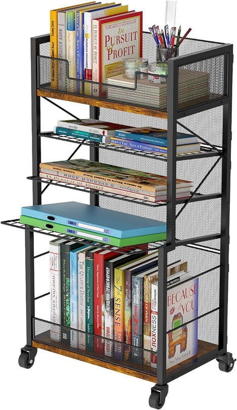 Heyexiha 5 Tier Book Shelf with Sliding Trays, Metal & Wooden Bookcase, Durable Rolling Book Cart, Book Shelf with Wheels, Small Book Shelf Storage Bookcase for Living Room, Bedroom, and Home Office - LeafyLoom