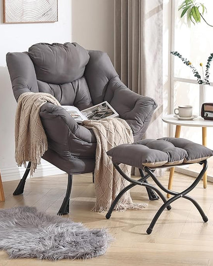 Welnow Lazy Chair with Ottoman, Modern Lounge Accent Chair with Armrests and a Side Pocket, Leisure Upholstered Sofa Chair Reading Chair with Footrest for Small Space, Corner Chair, Dark Grey - LeafyLoom