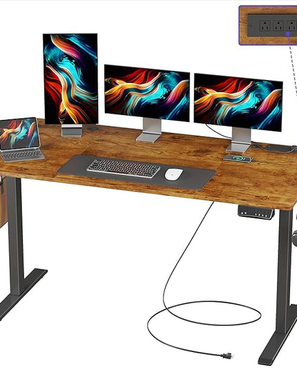 JOISCOPE Height Adjustable Electric Standing Desk with Power Outlets, 55 x 24 Inch Sit Stand Desk for Small Space Home Office, Vintage Oak - LeafyLoom