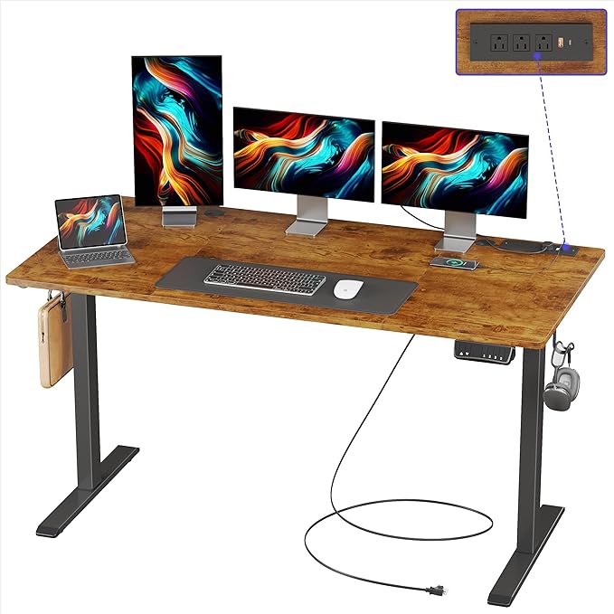 JOISCOPE Height Adjustable Electric Standing Desk with Power Outlets, 55 x 24 Inch Sit Stand Desk for Small Space Home Office, Vintage Oak - LeafyLoom