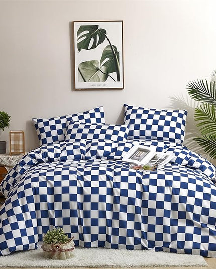Wellboo Blue and White Comforter Sets King Women Men Diamond Royal Blue Checkerboard Grid Bedding Comforters Cotton Modern Jewelry Blue Checkered Geometric Quilts Luxury Sapphire Buffalo Plaid Bed - LeafyLoom