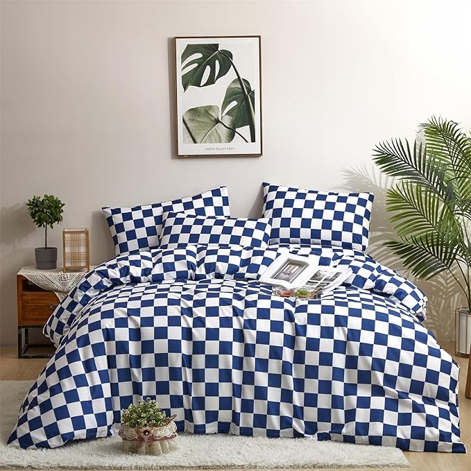Wellboo Blue and White Comforter Sets King Women Men Diamond Royal Blue Checkerboard Grid Bedding Comforters Cotton Modern Jewelry Blue Checkered Geometric Quilts Luxury Sapphire Buffalo Plaid Bed - LeafyLoom