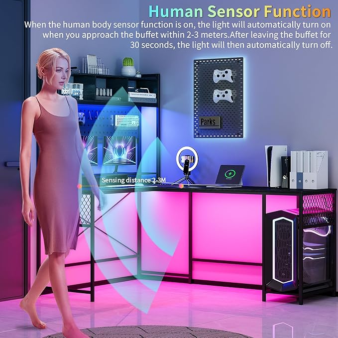 Lvifur 67” L Shaped Desk with Wireless Charging Station,24-Color RGB Dimmable Computer Desk with Pegboard,Gaming Desk with Monitor Stand, Display Stand,Human Sensor Lights for Home Office - LeafyLoom