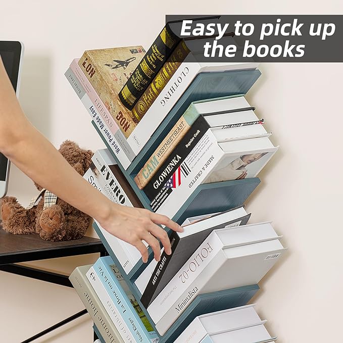 8 Tier Tree Bookshelf with Drawer, Free Standing Wood Bookcase for Narrow Space, Storage Organizer Bookshelves for Books, Book Case for Home Office, Living Room, Bedroom, Navy Blue - LeafyLoom