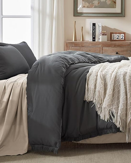 Andency Comforter King Size Bed Set Dark Grey, 3 Pieces Boho Lightweight Winter Bedding Comforters & Sets, All Season Soft Tassel Bed Set (104x90In Comforter & 2 Pillowcases) - LeafyLoom