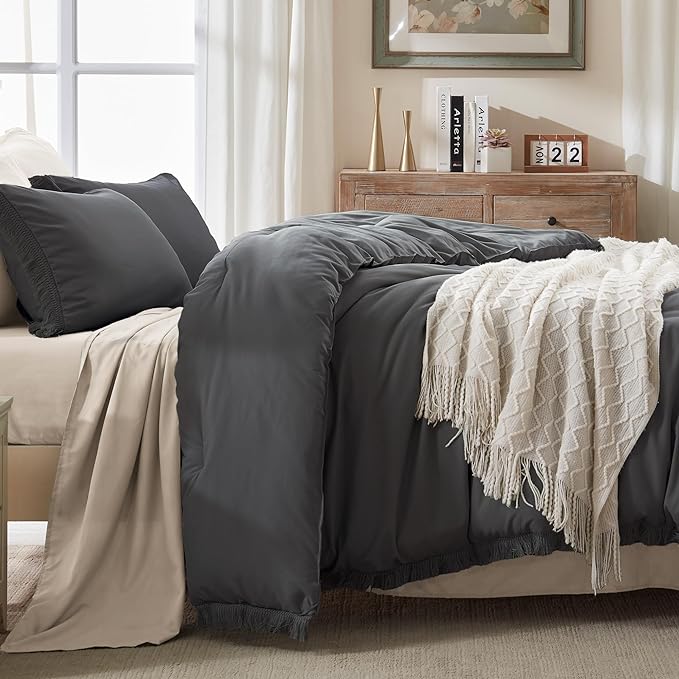 Andency Comforter King Size Bed Set Dark Grey, 3 Pieces Boho Lightweight Winter Bedding Comforters & Sets, All Season Soft Tassel Bed Set (104x90In Comforter & 2 Pillowcases) - LeafyLoom
