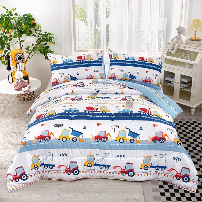 Cartoon Car Kids Comforter Set Full,Construction Bedding Set Equipment Trucks Comforter Excavator Tractor Quilt Set with 1 Comforter 2 Pillowcases for Boys Girls Teens Adults Bedroom Decor(Blue Red) - LeafyLoom